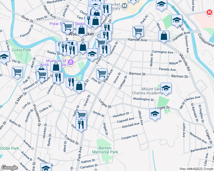 map of restaurants, bars, coffee shops, grocery stores, and more near 25 Crawford Street in Woonsocket