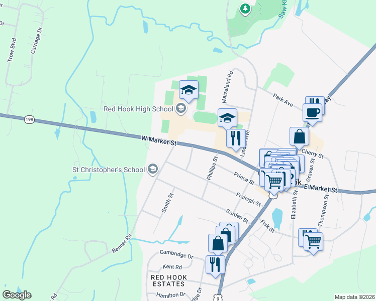 map of restaurants, bars, coffee shops, grocery stores, and more near 94 West Market Street in Red Hook