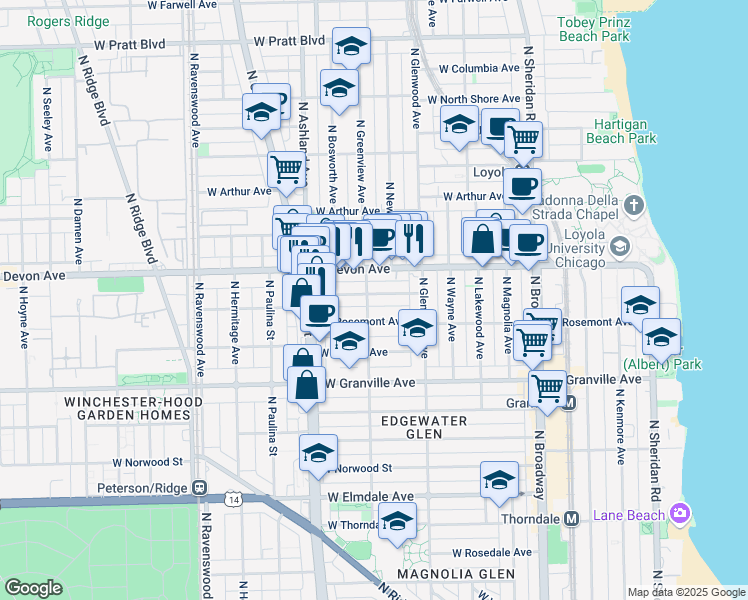 map of restaurants, bars, coffee shops, grocery stores, and more near 1455 West Highland Avenue in Chicago