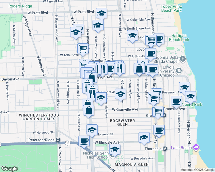map of restaurants, bars, coffee shops, grocery stores, and more near 1455 West Highland Avenue in Chicago