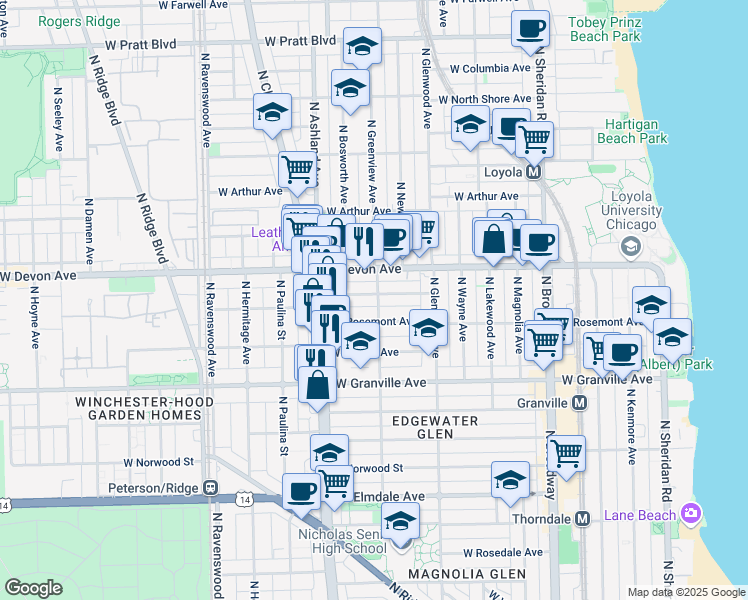 map of restaurants, bars, coffee shops, grocery stores, and more near 1455 West Highland Avenue in Chicago