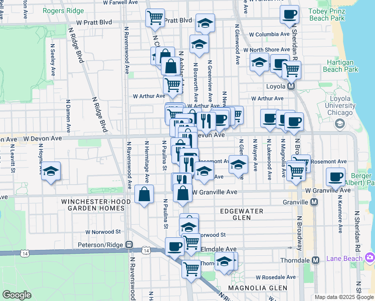 map of restaurants, bars, coffee shops, grocery stores, and more near 6316 North Clark Street in Chicago