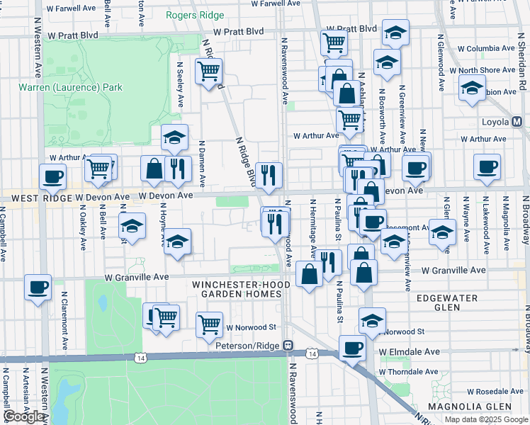 map of restaurants, bars, coffee shops, grocery stores, and more near 6359 North Ridge Avenue in Chicago