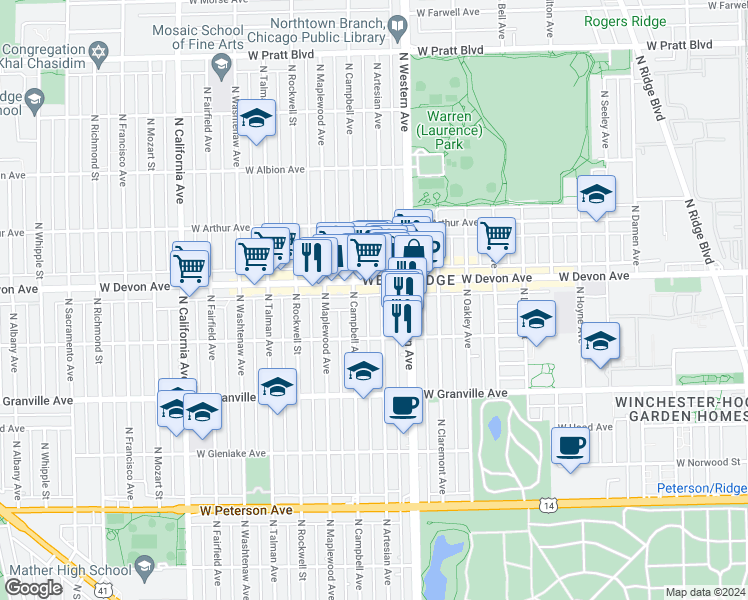 map of restaurants, bars, coffee shops, grocery stores, and more near 6336 North Artesian Avenue in Chicago