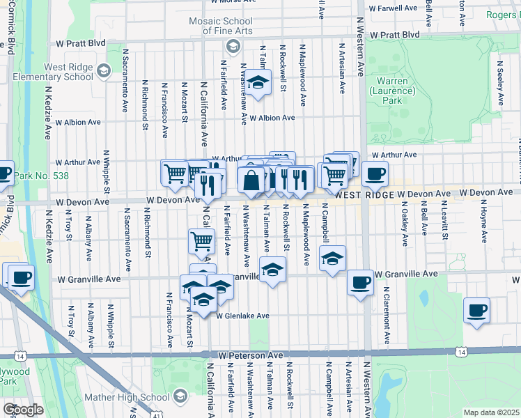 map of restaurants, bars, coffee shops, grocery stores, and more near in Chicago