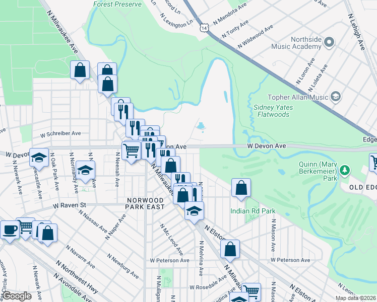 map of restaurants, bars, coffee shops, grocery stores, and more near 6241 West Devon Avenue in Chicago
