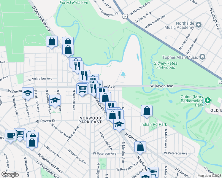 map of restaurants, bars, coffee shops, grocery stores, and more near 6241 West Devon Avenue in Chicago