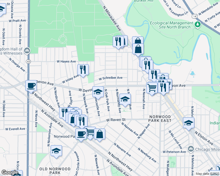 map of restaurants, bars, coffee shops, grocery stores, and more near 6671 West Devon Avenue in Chicago