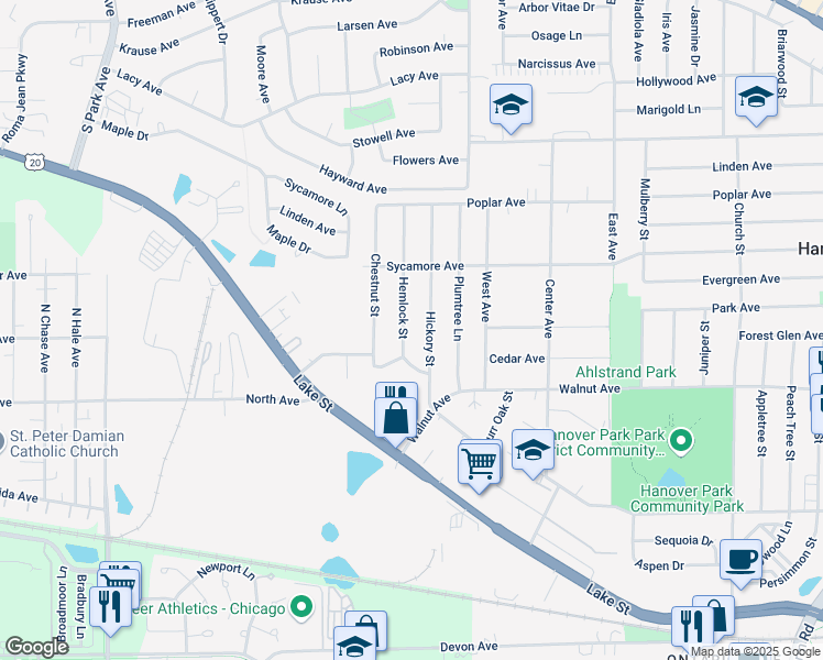 map of restaurants, bars, coffee shops, grocery stores, and more near 6879 Hemlock Street in Hanover Park