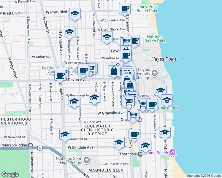 map of restaurants, bars, coffee shops, grocery stores, and more near 6320 North Lakewood Avenue in Chicago