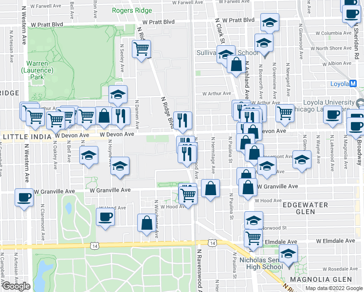 map of restaurants, bars, coffee shops, grocery stores, and more near 6359 North Ridge Avenue in Chicago