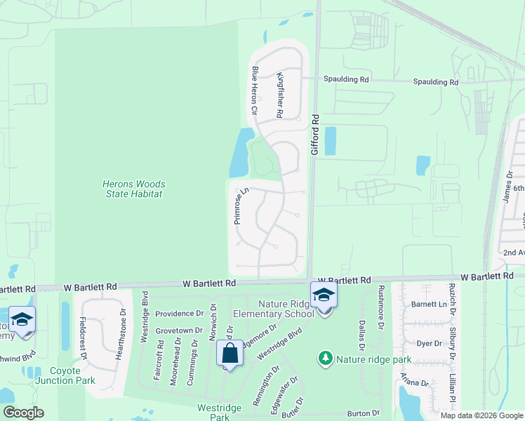 map of restaurants, bars, coffee shops, grocery stores, and more near 176 Sunflower Lane in Bartlett