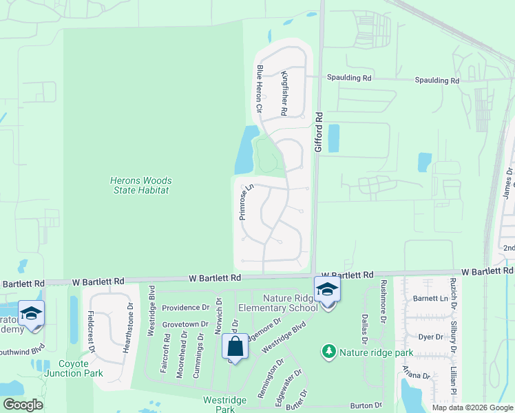 map of restaurants, bars, coffee shops, grocery stores, and more near 176 Sunflower Lane in Bartlett