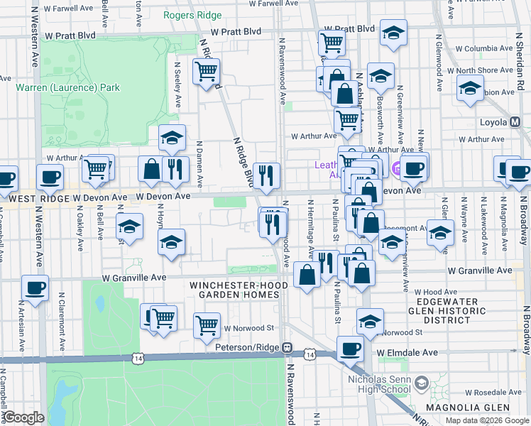 map of restaurants, bars, coffee shops, grocery stores, and more near 6359 North Ridge Avenue in Chicago