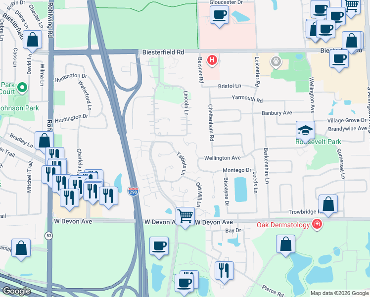 map of restaurants, bars, coffee shops, grocery stores, and more near 733 Clover Hill Court in Elk Grove Village