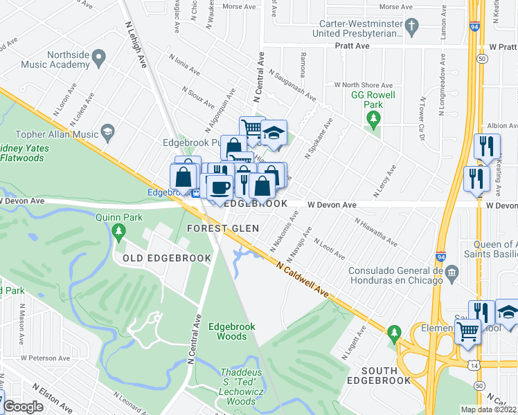 map of restaurants, bars, coffee shops, grocery stores, and more near 5331 West Devon Avenue in Chicago