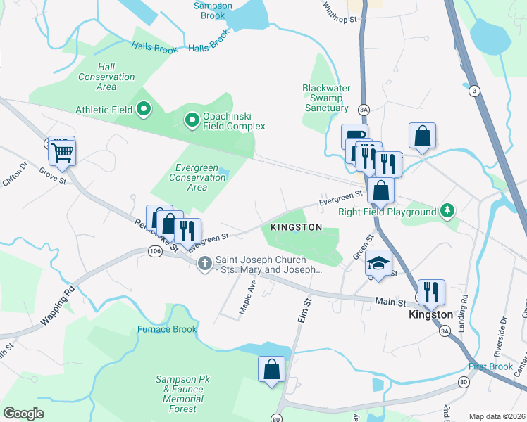 map of restaurants, bars, coffee shops, grocery stores, and more near 26 Evergreen Street in Kingston