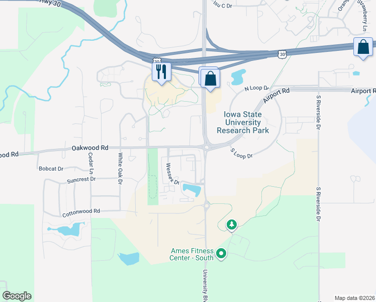 map of restaurants, bars, coffee shops, grocery stores, and more near 2815 Heathrow Drive in Ames