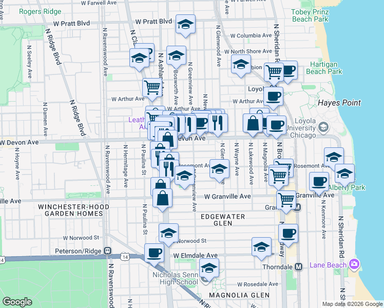 map of restaurants, bars, coffee shops, grocery stores, and more near 1455 West Highland Avenue in Chicago