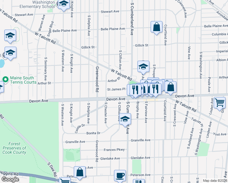 map of restaurants, bars, coffee shops, grocery stores, and more near 1011 Saint James Place in Park Ridge