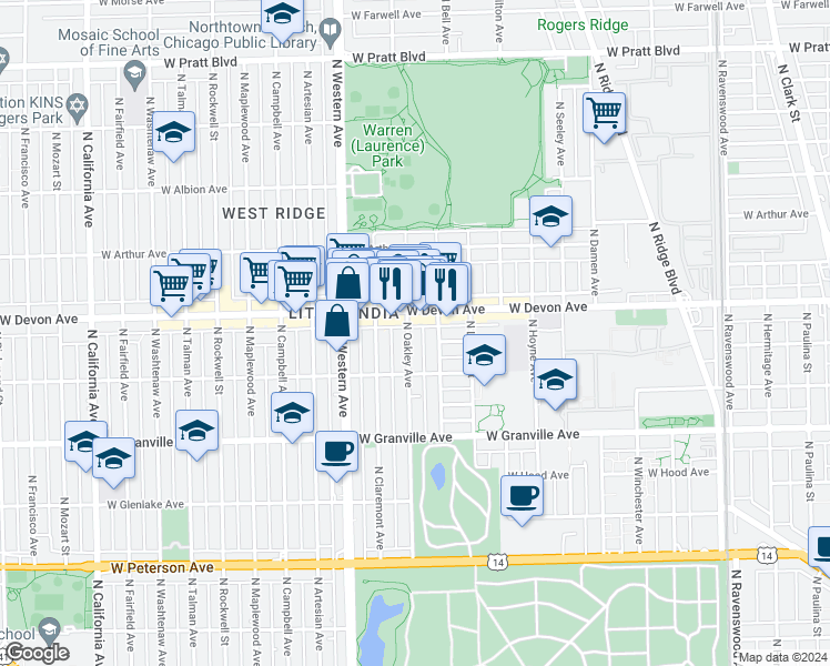 map of restaurants, bars, coffee shops, grocery stores, and more near 6341 North Oakley Avenue in Chicago