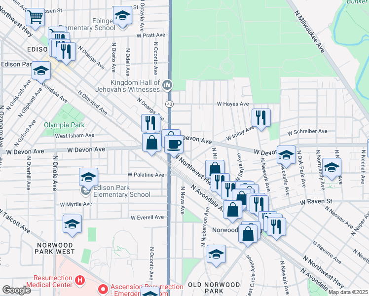 map of restaurants, bars, coffee shops, grocery stores, and more near 7112 West Highland Avenue in Chicago