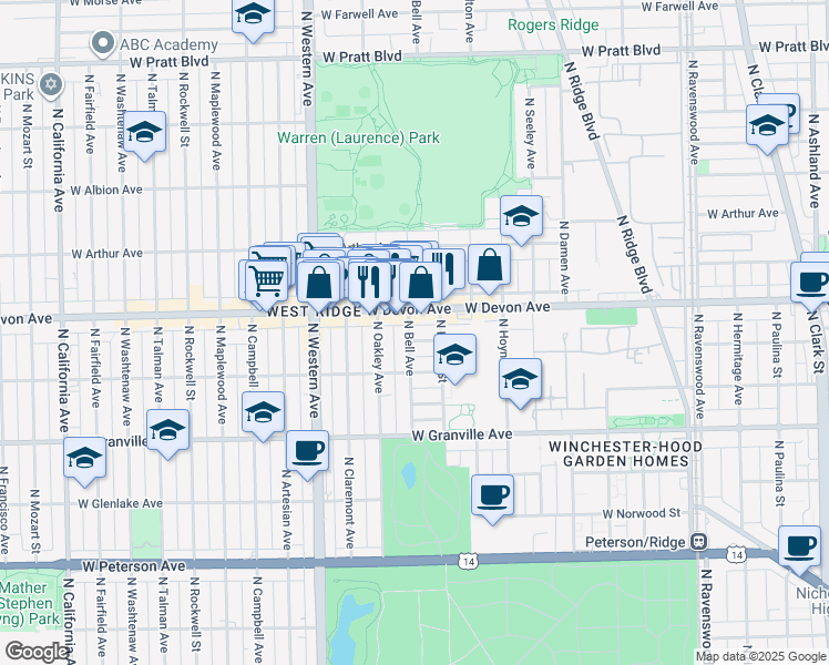 map of restaurants, bars, coffee shops, grocery stores, and more near 2212 West Highland Avenue in Chicago