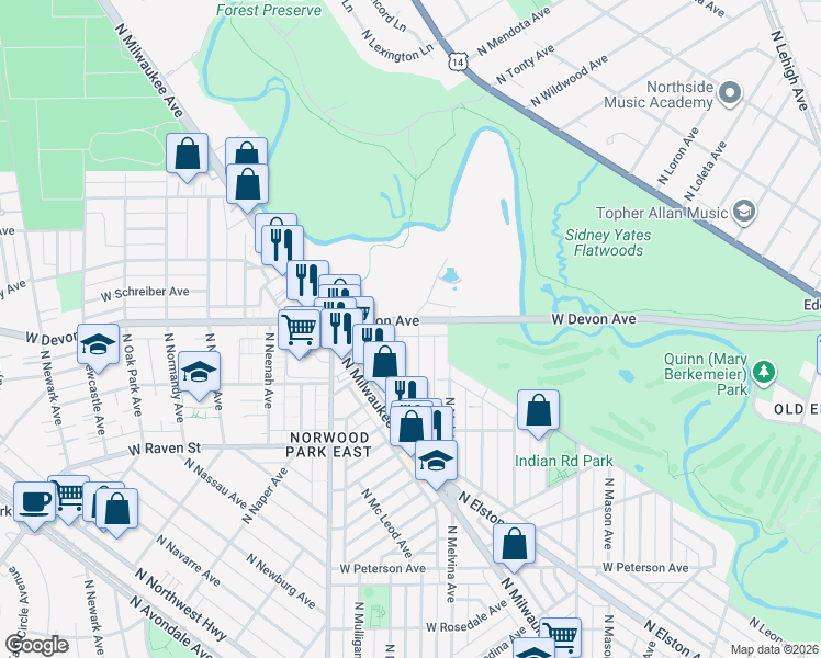 map of restaurants, bars, coffee shops, grocery stores, and more near 6241 West Devon Avenue in Chicago