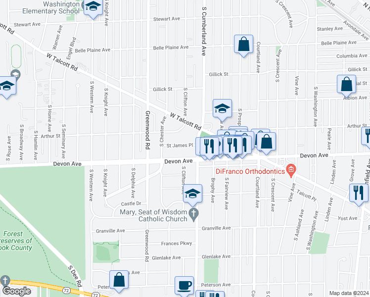 map of restaurants, bars, coffee shops, grocery stores, and more near 921 Saint James Place in Park Ridge