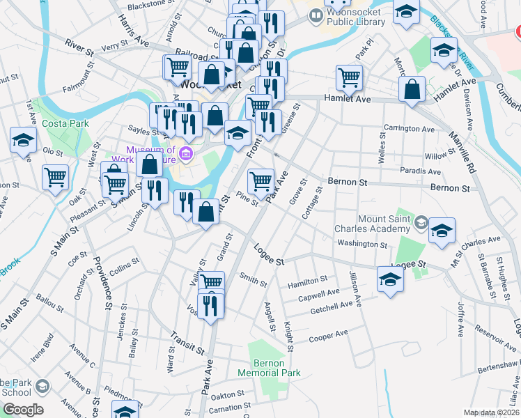 map of restaurants, bars, coffee shops, grocery stores, and more near 25 Crawford Street in Woonsocket