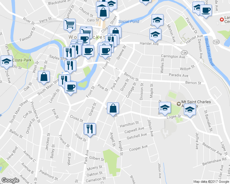 map of restaurants, bars, coffee shops, grocery stores, and more near 25 Crawford Street in Woonsocket