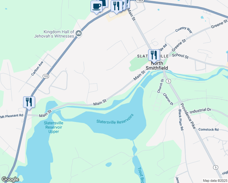 map of restaurants, bars, coffee shops, grocery stores, and more near 111 Main Street in North Smithfield