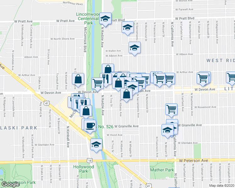 map of restaurants, bars, coffee shops, grocery stores, and more near 3107 West Devon Avenue in Chicago