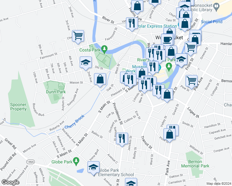 map of restaurants, bars, coffee shops, grocery stores, and more near 126 Pleasant Street in Woonsocket