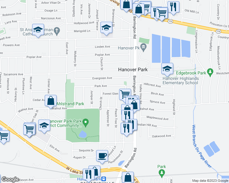 map of restaurants, bars, coffee shops, grocery stores, and more near 1700 Forest Glen Avenue in Hanover Park