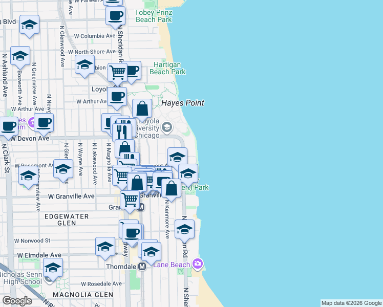 map of restaurants, bars, coffee shops, grocery stores, and more near 6325 North Sheridan Road in Chicago