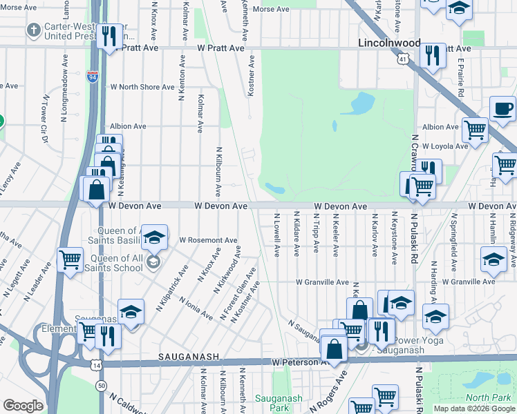 map of restaurants, bars, coffee shops, grocery stores, and more near 11965 North Kostner Avenue in Chicago