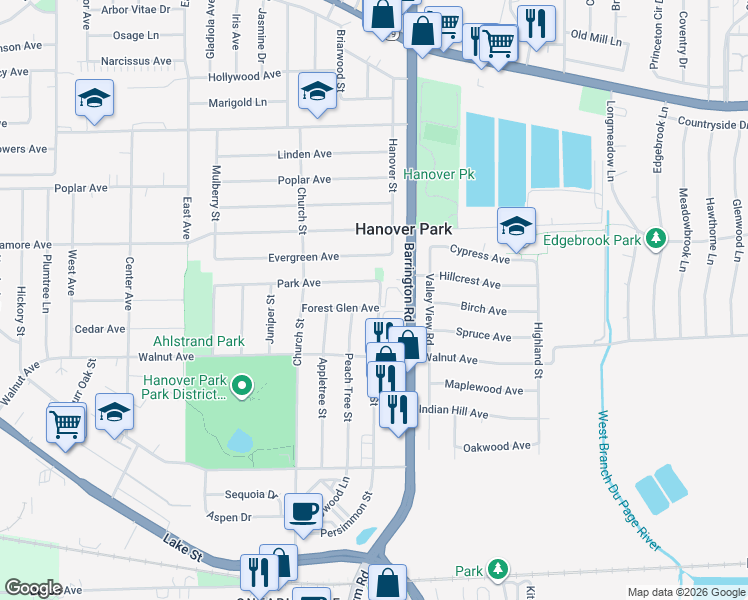 map of restaurants, bars, coffee shops, grocery stores, and more near 6900 Pine Tree Street in Hanover Park