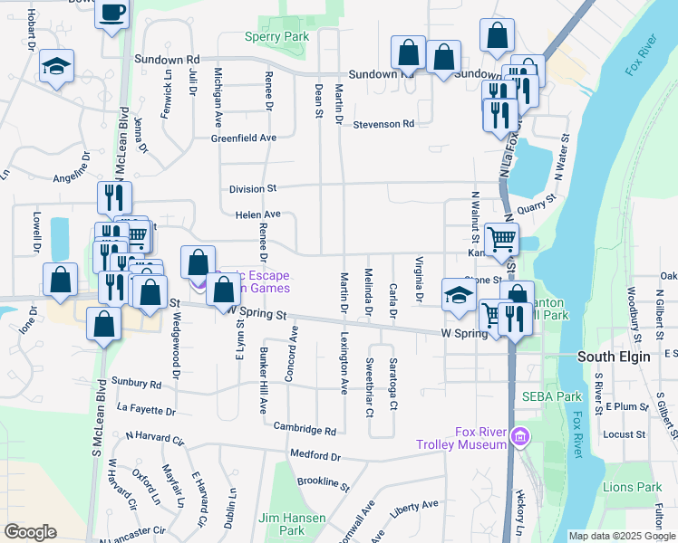 map of restaurants, bars, coffee shops, grocery stores, and more near 334 Martin Drive in South Elgin