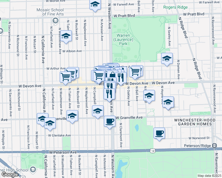 map of restaurants, bars, coffee shops, grocery stores, and more near 6340 North Western Avenue in Chicago
