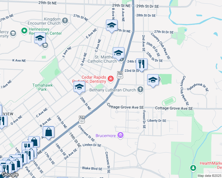 map of restaurants, bars, coffee shops, grocery stores, and more near 2200 1st Avenue Northeast in Cedar Rapids