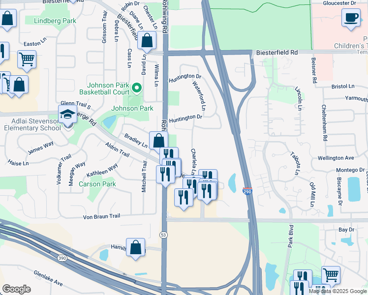 map of restaurants, bars, coffee shops, grocery stores, and more near 1008 Charlela Lane in Elk Grove Village