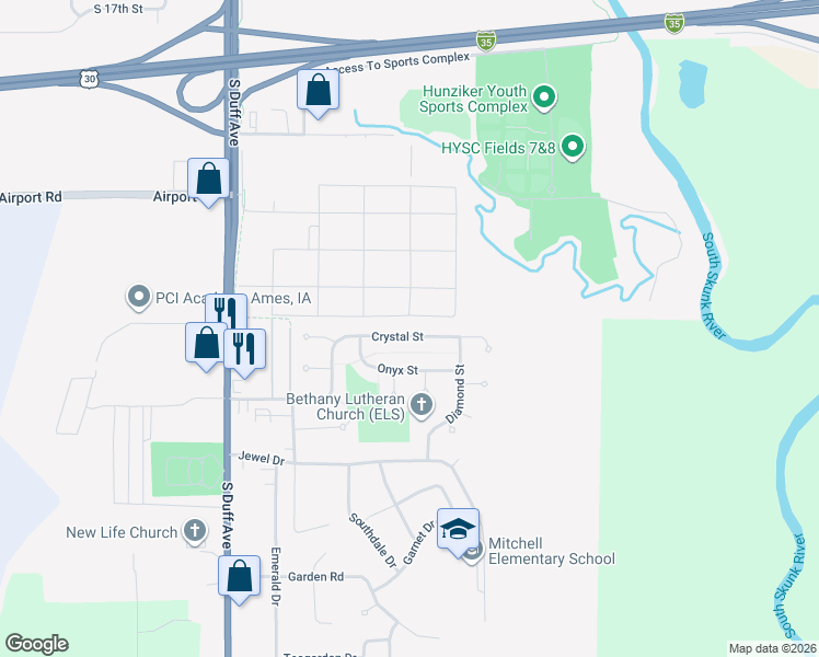 map of restaurants, bars, coffee shops, grocery stores, and more near 627 Crystal Street in Ames