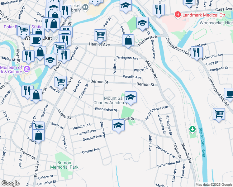 map of restaurants, bars, coffee shops, grocery stores, and more near 78 Saint Joseph Street in Woonsocket
