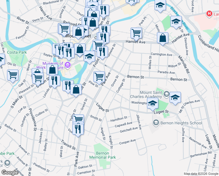 map of restaurants, bars, coffee shops, grocery stores, and more near 98 Crawford Street in Woonsocket