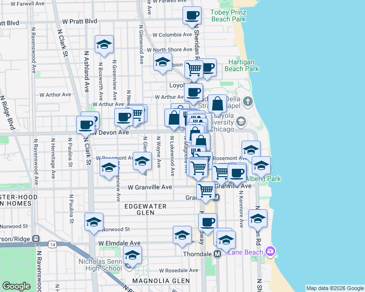 map of restaurants, bars, coffee shops, grocery stores, and more near 6321 North Magnolia Avenue in Chicago