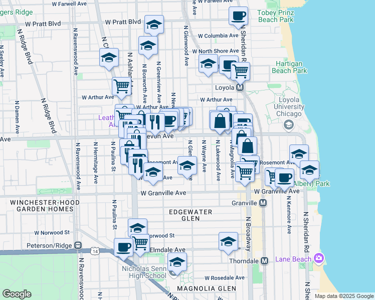 map of restaurants, bars, coffee shops, grocery stores, and more near 1417 West Highland Avenue in Chicago