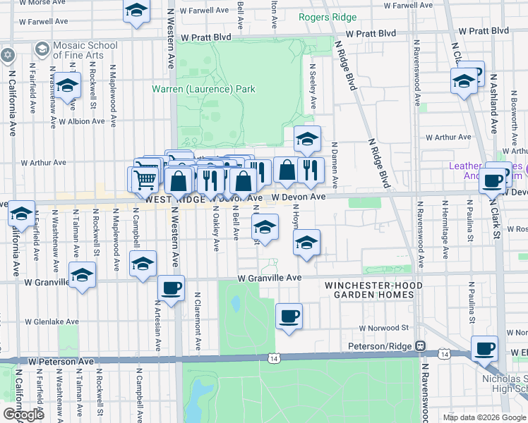 map of restaurants, bars, coffee shops, grocery stores, and more near 2138 West Highland Avenue in Chicago
