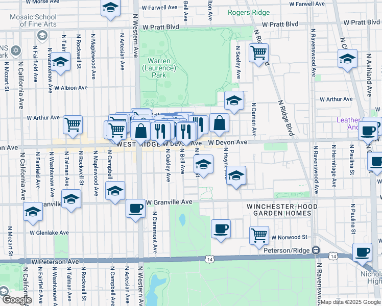 map of restaurants, bars, coffee shops, grocery stores, and more near 2212 West Highland Avenue in Chicago