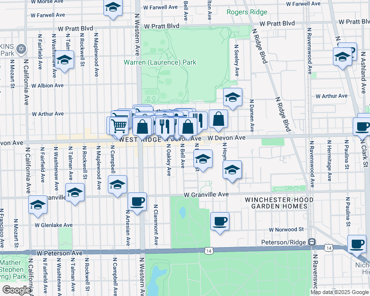 map of restaurants, bars, coffee shops, grocery stores, and more near 2212 West Highland Avenue in Chicago